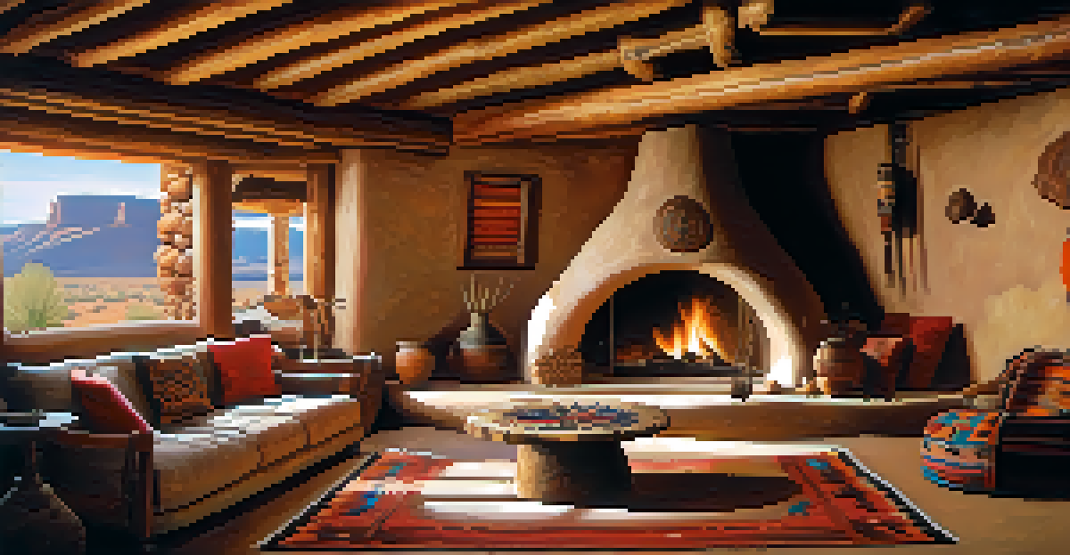 The interior of a Navajo hogan, featuring a circular design, natural light, and traditional textiles.