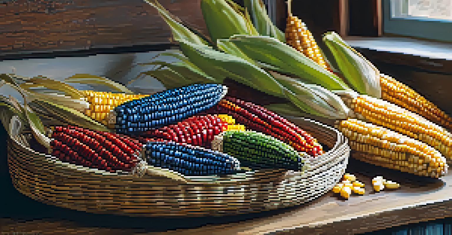 A close-up view of colorful Hopi corn in a woven basket, showcasing its vibrant colors and beautiful textures in a rustic kitchen setting.