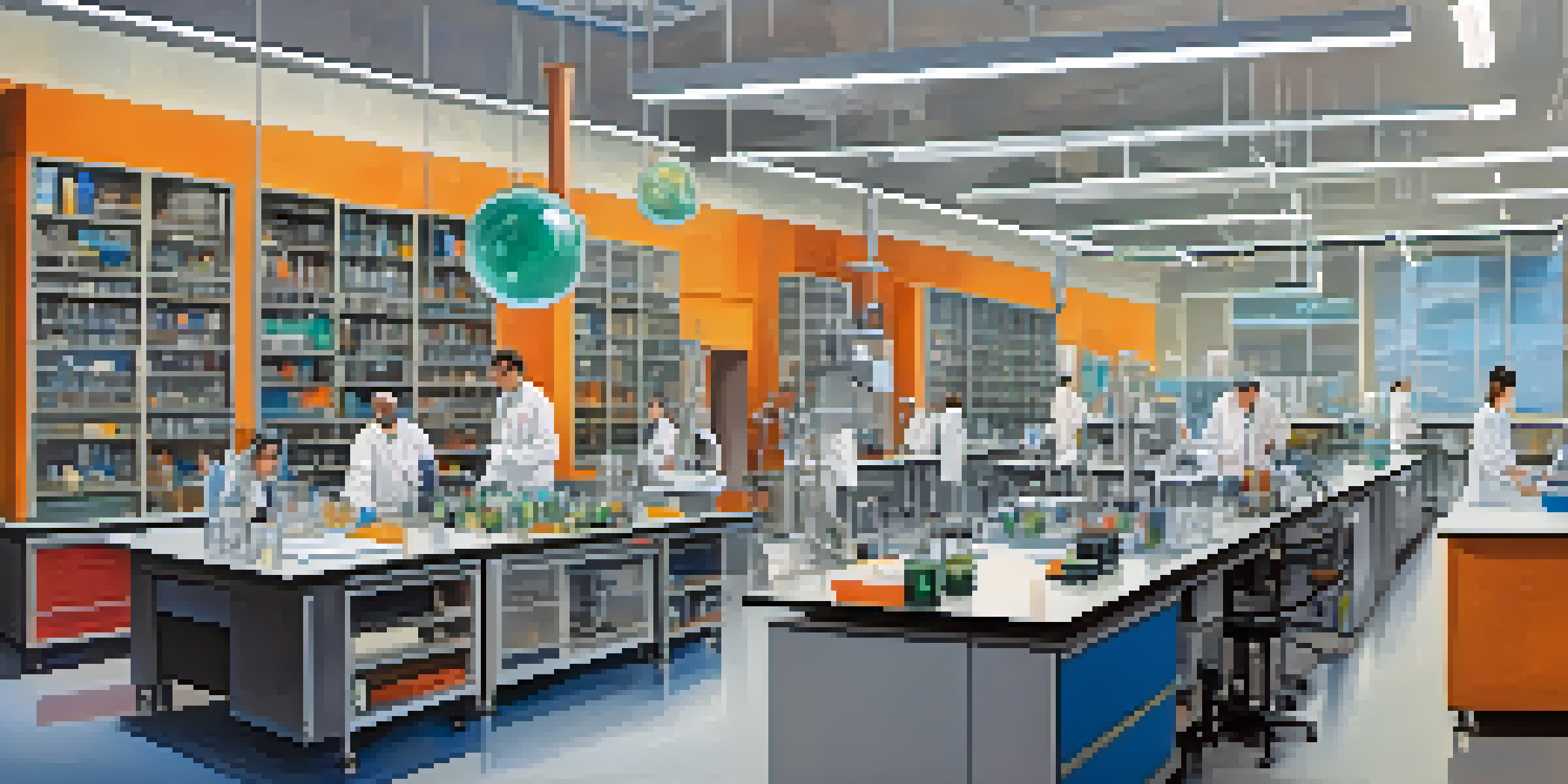 A lively university laboratory in Arizona with diverse scientists working together on research, surrounded by bright natural light and colorful lab materials.