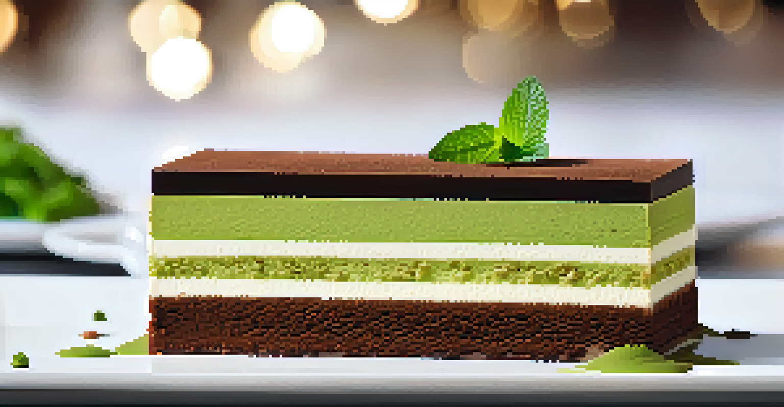 Matcha green tea tiramisu layered and garnished, served on a white plate in a modern restaurant setting.