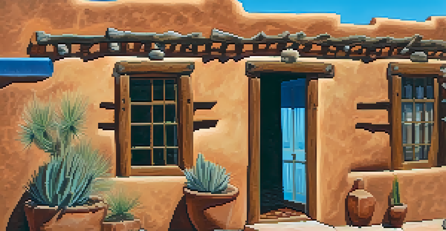 A close-up of a preserved adobe building in Santa Fe, showcasing its texture and vibrant local artwork.