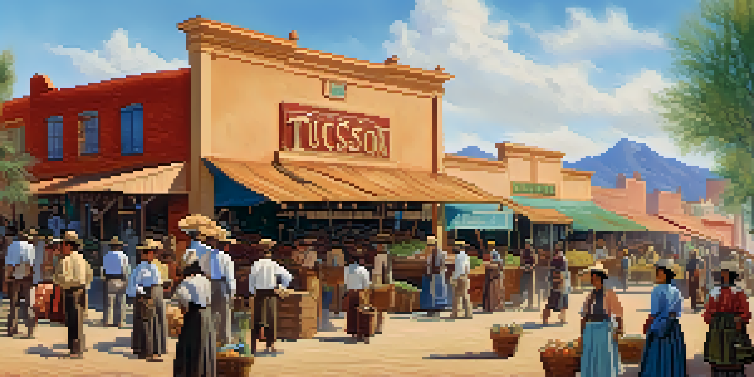 A lively marketplace in Tucson, Arizona, during the late 1800s, featuring diverse settlers and colorful market stalls.