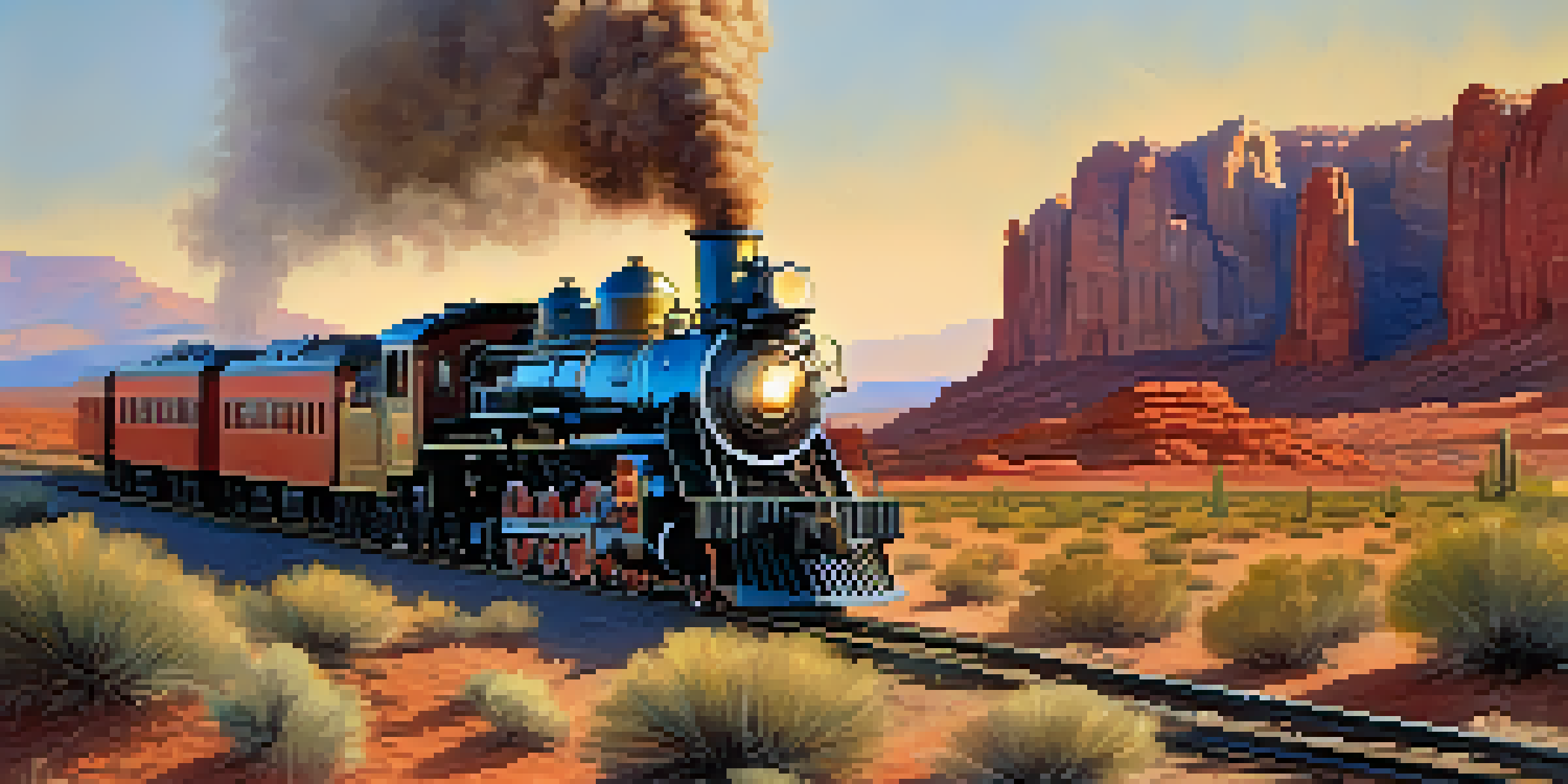 A vintage steam locomotive moving through a beautiful Arizona landscape at sunset, with red rocks and desert plants surrounding it.