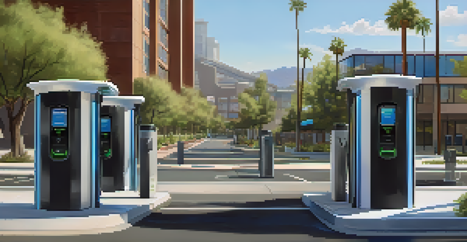 A close-up of an electric vehicle charging station in Arizona, highlighting sustainability with a parked vehicle and urban scenery.