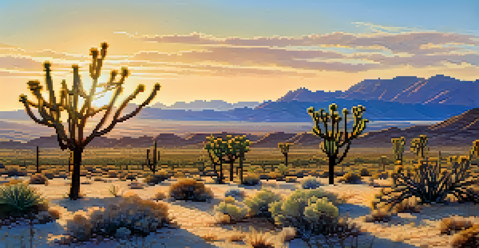 A wide view of the Mojave Desert with Joshua Trees and colorful wildflowers under a blue sky.
