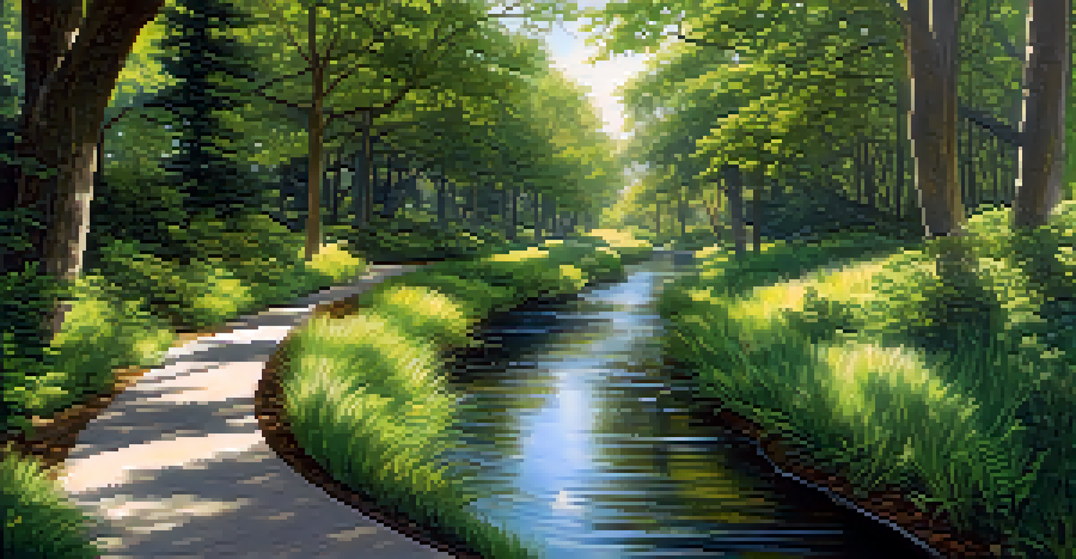 A wildlife corridor featuring native plants and trees, with a stream running through it, illustrating the harmony between nature and urban environments.