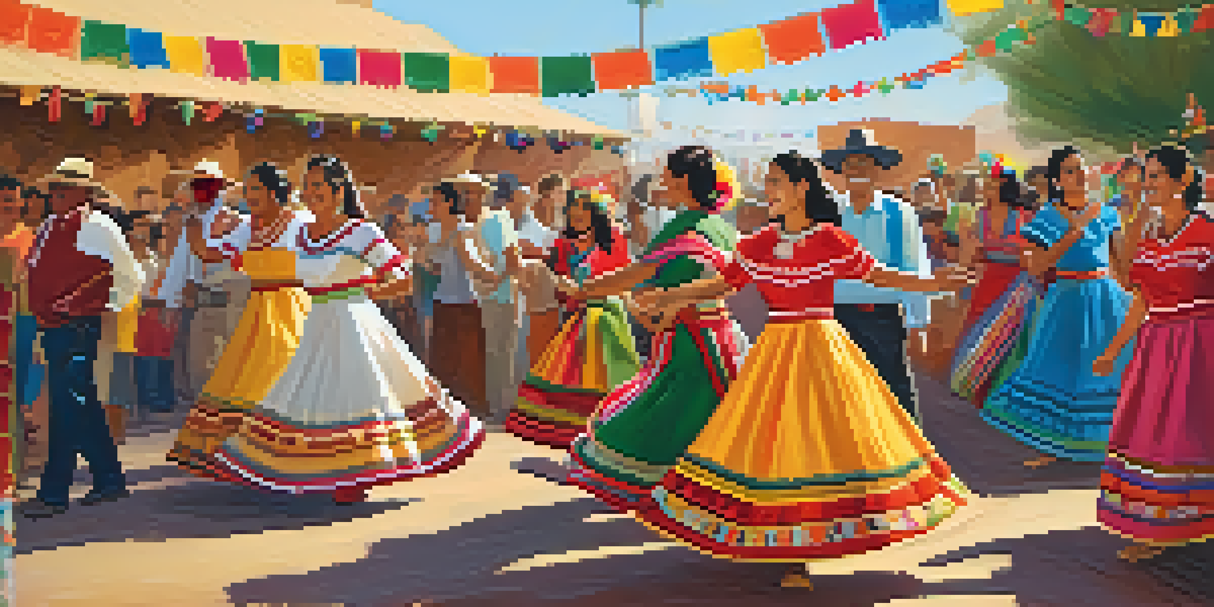 A lively cultural festival with individuals dancing in colorful traditional attire, surrounded by festive decorations and warm sunlight.