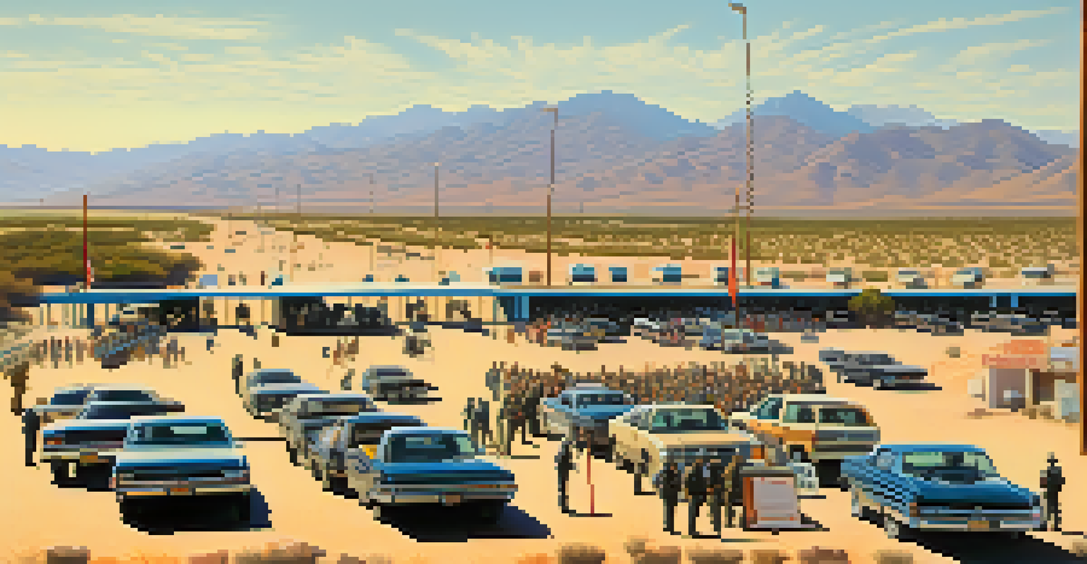 An aerial view of a busy border checkpoint between the US and Mexico, with vehicles and security personnel.