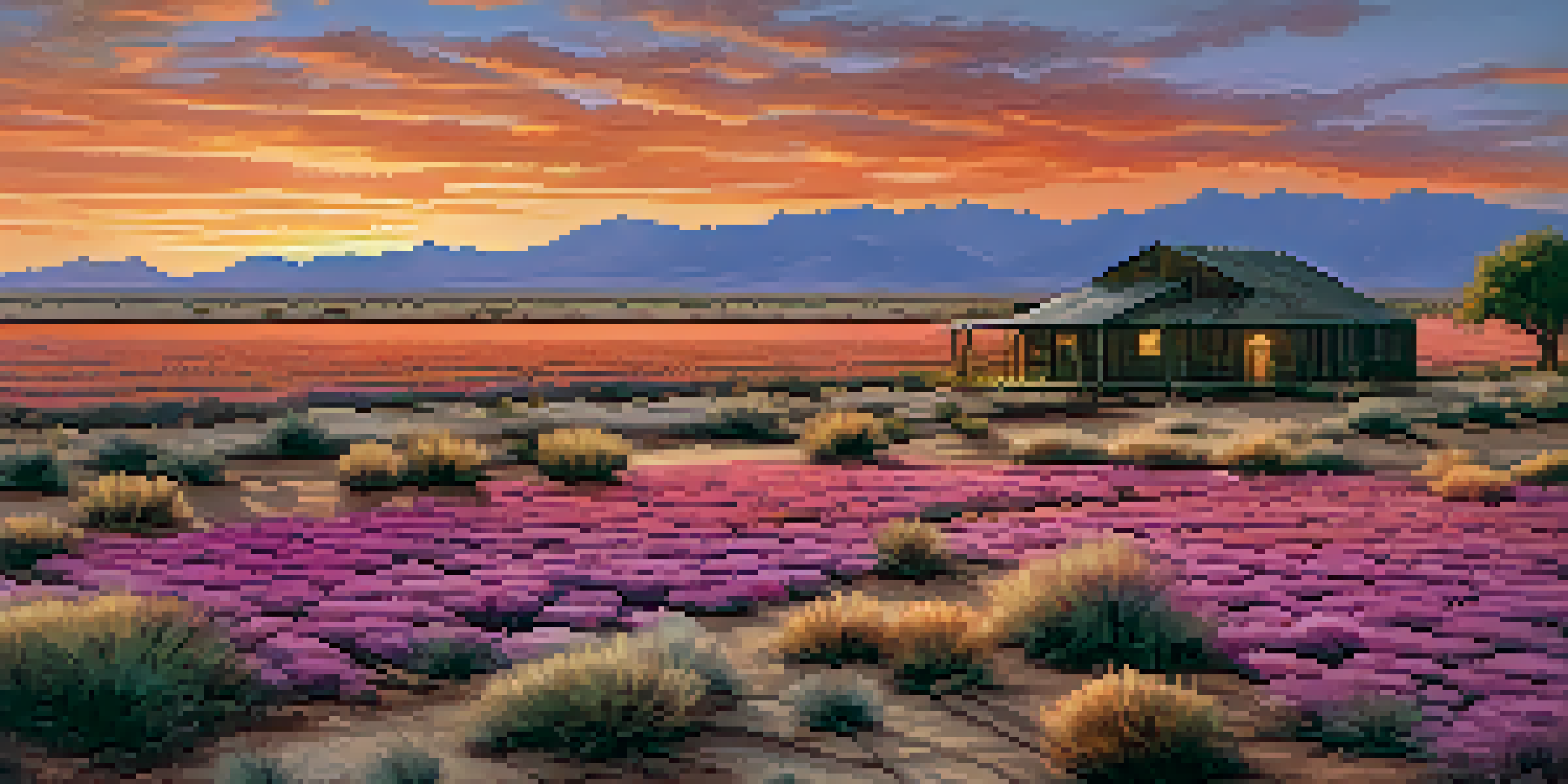 A panoramic view of the Arizona desert at sunset with cotton plants in the foreground, a farmhouse, and an irrigation canal in the background.