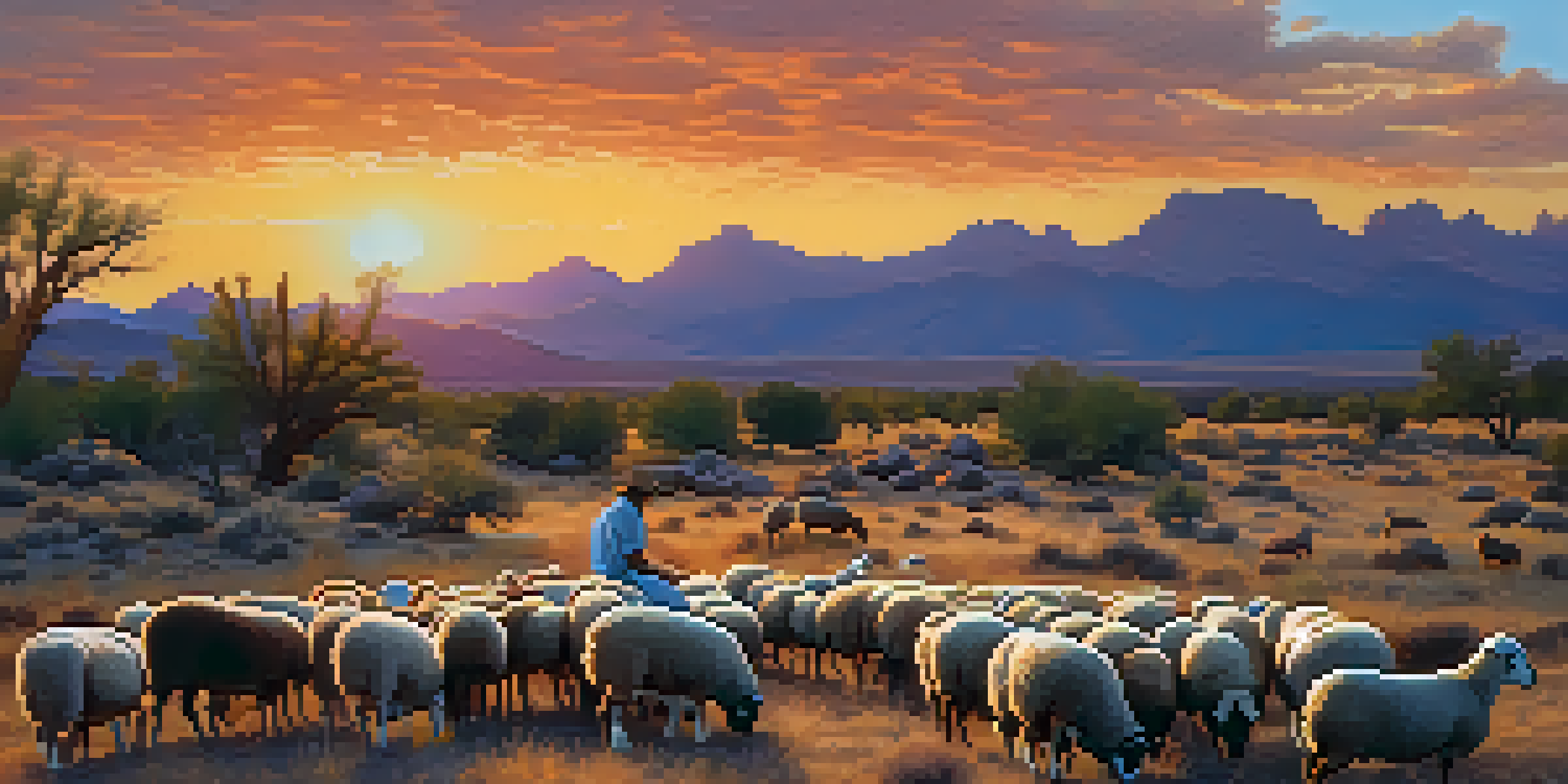 A Native American rancher in traditional attire tending to a flock of sheep against a sunset backdrop in Arizona.