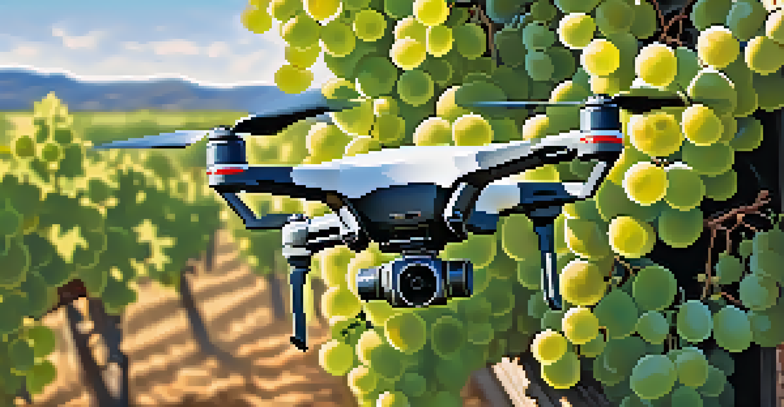 A drone capturing images of grape clusters in a vineyard, with green vines and ripe grapes visible in the background.