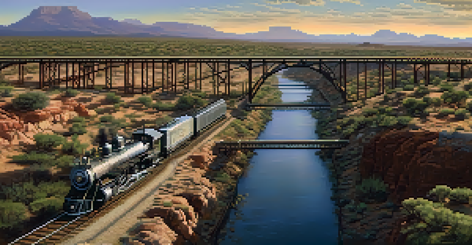 Aerial view of the Transcontinental Railroad in Arizona, featuring a steam locomotive crossing a bridge with a sunset background.