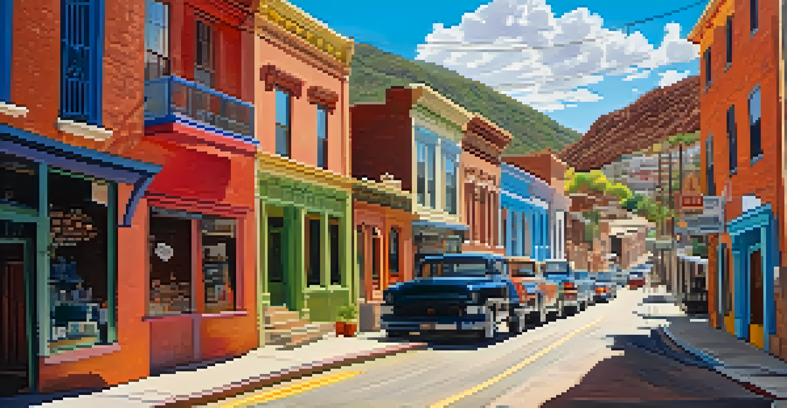 A vibrant street scene in Bisbee, Arizona, featuring colorful buildings and local art displays.
