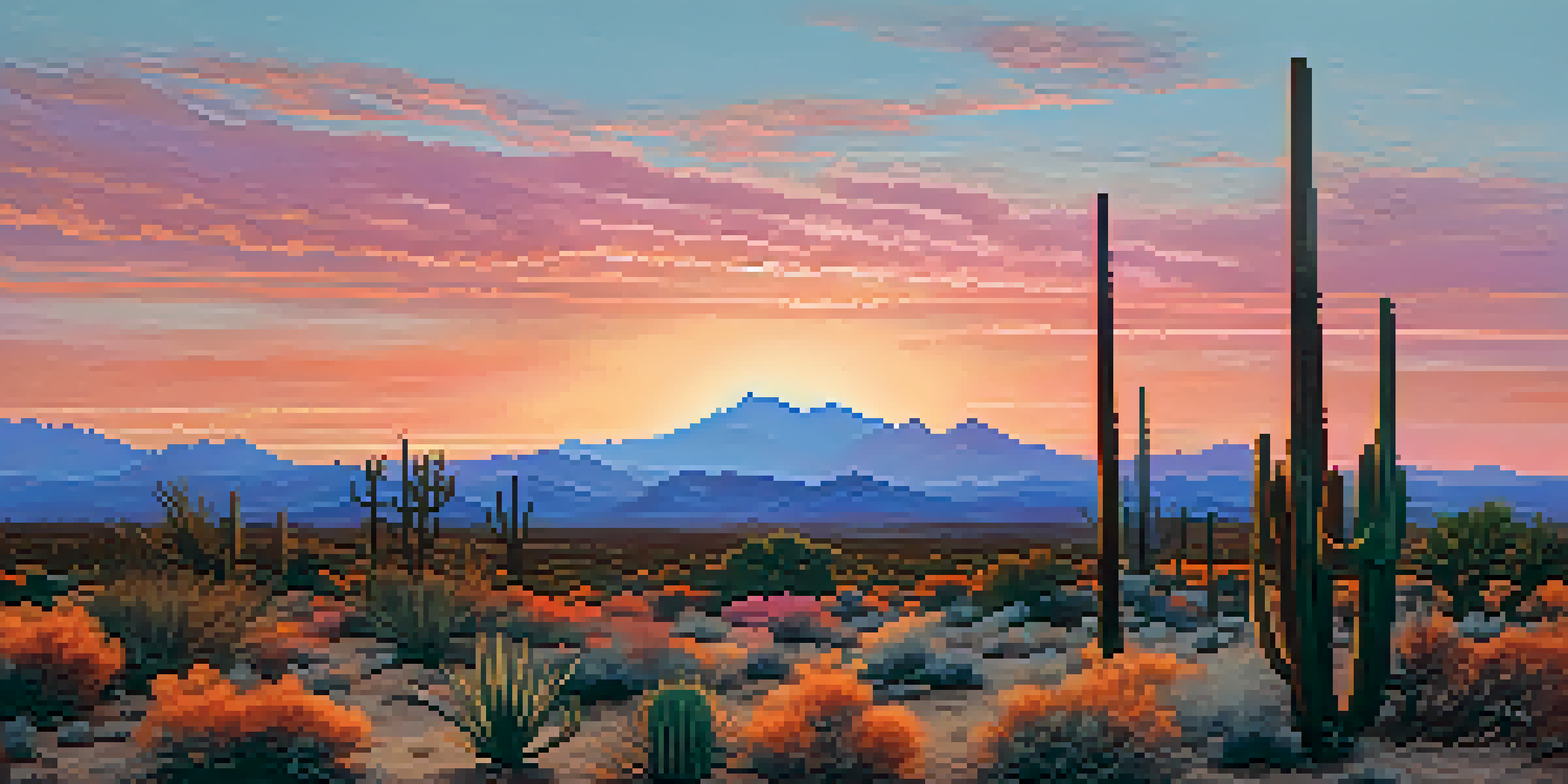 A panoramic view of the Arizona desert at sunset with silhouetted cacti and colorful sky.