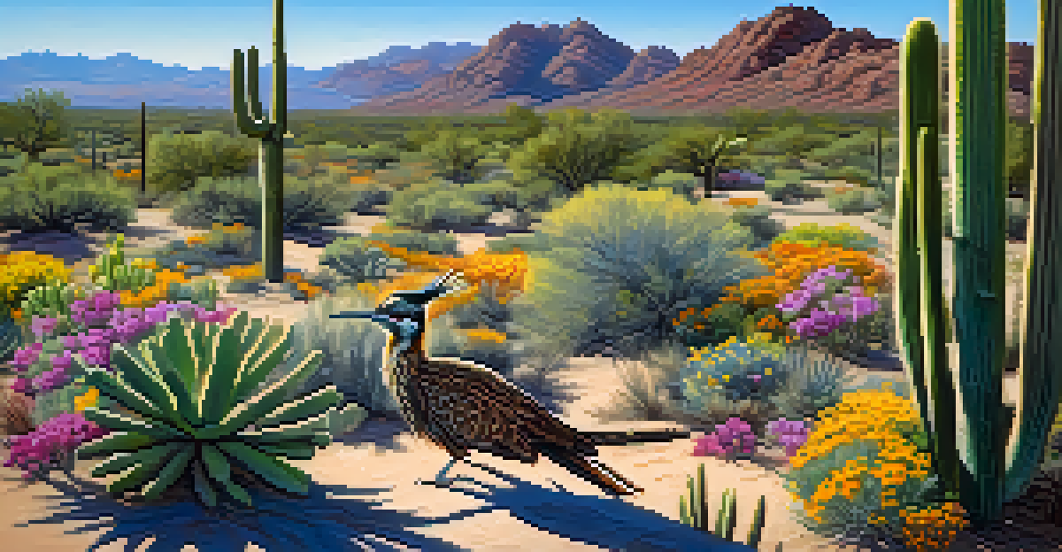 A sunny Sonoran Desert landscape with saguaro cacti, a roadrunner, and blooming wildflowers under a clear blue sky.