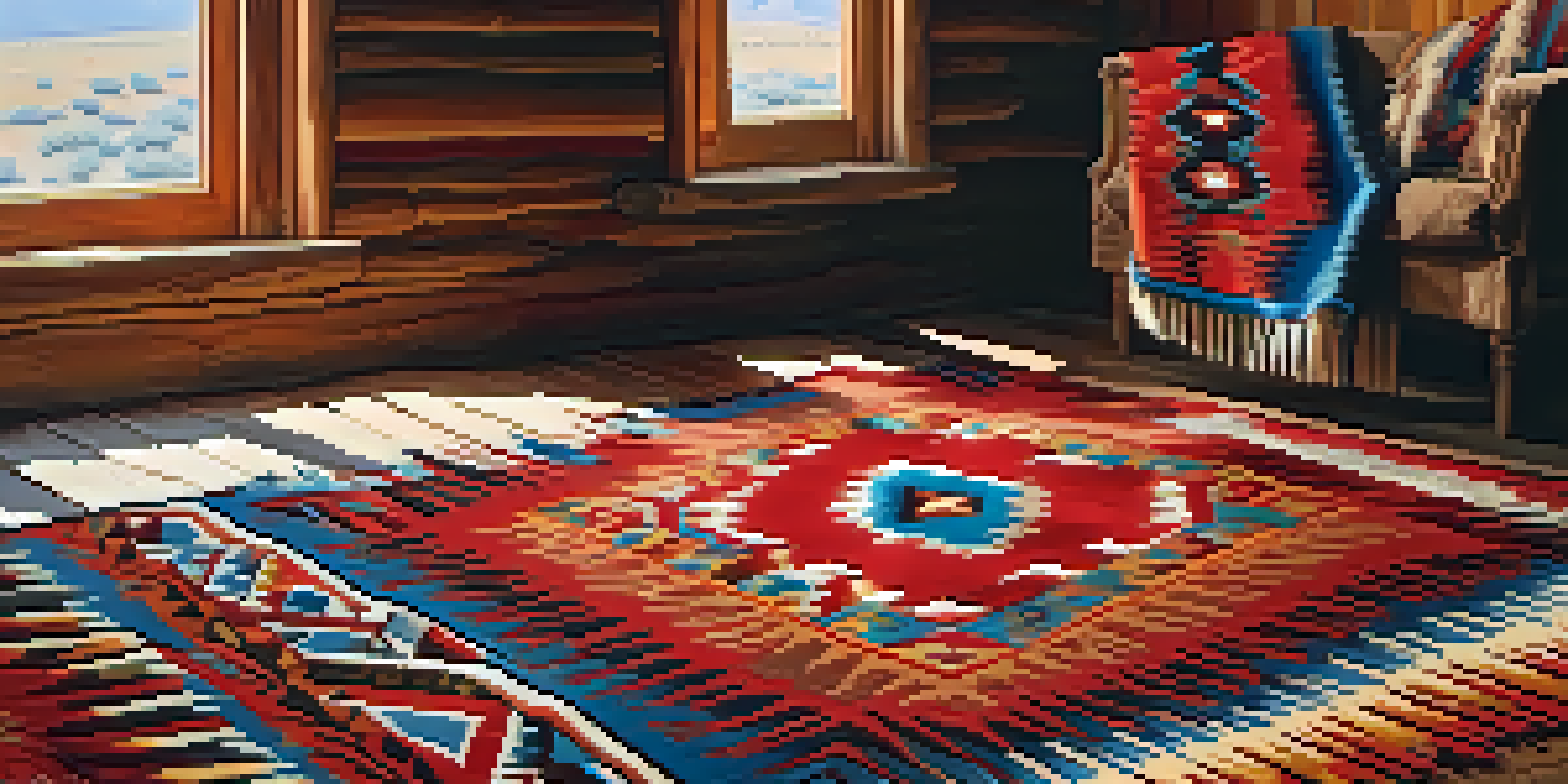 A colorful Navajo rug with geometric patterns laid on a wooden floor, illuminated by soft natural light.