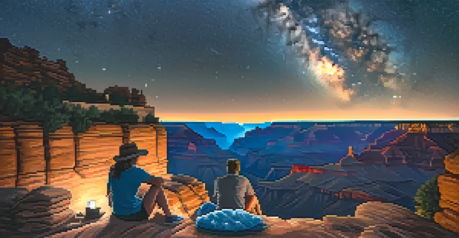 Couple lying on a blanket stargazing at the Grand Canyon, with a clear night sky filled with stars and the Milky Way above.