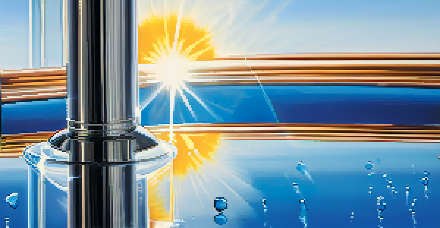 A close-up of a solar still for water purification, glistening in sunlight with droplets of distilled water on its glass surface, set against a blue sky.
