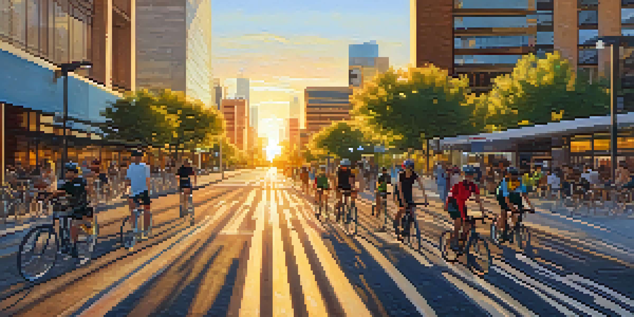 A bustling bike lane in Phoenix with cyclists and pedestrians, under a sunset sky.