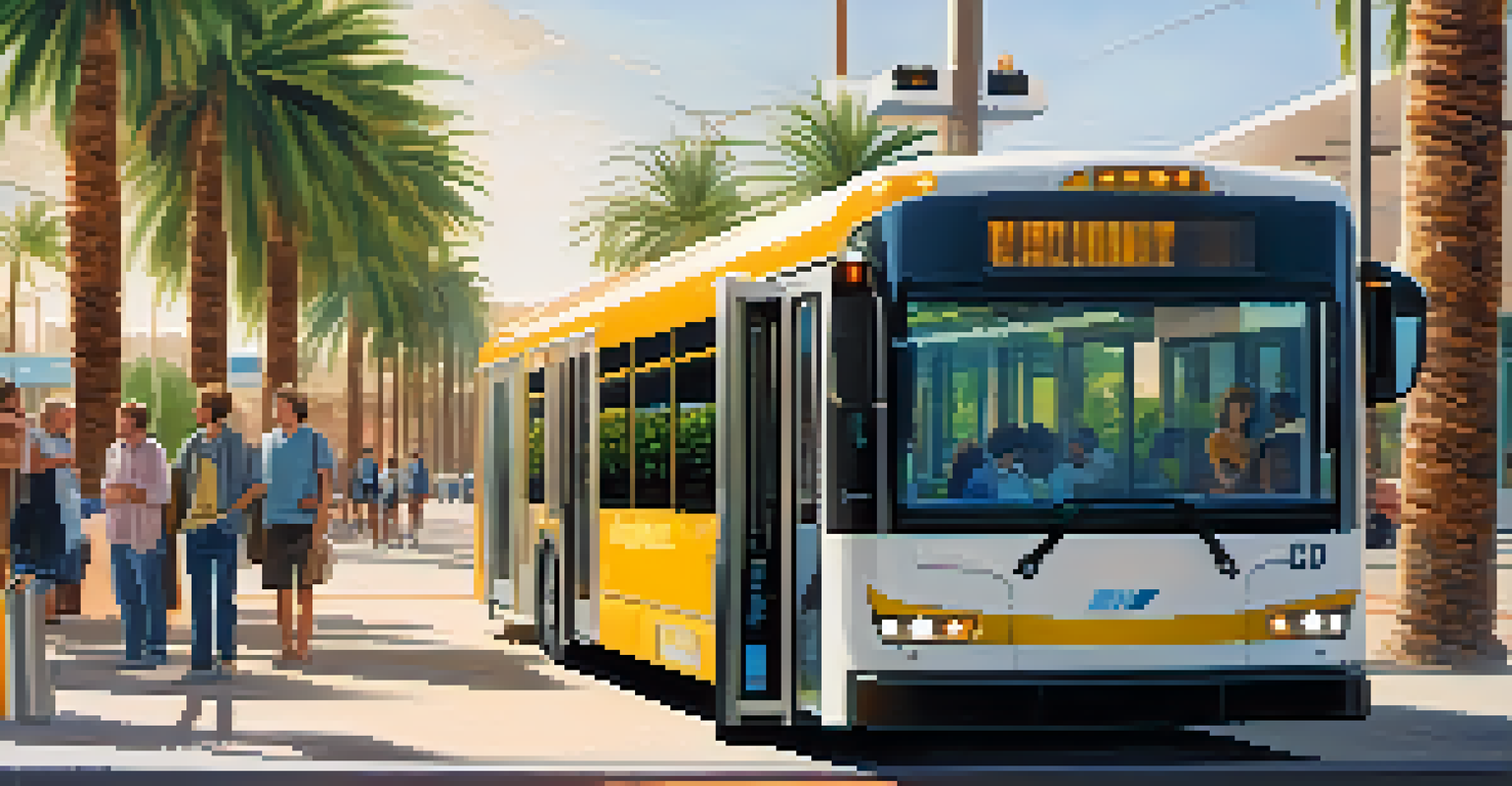 An electric bus at a modern bus stop in Arizona with diverse commuters and digital screens displaying arrival times.