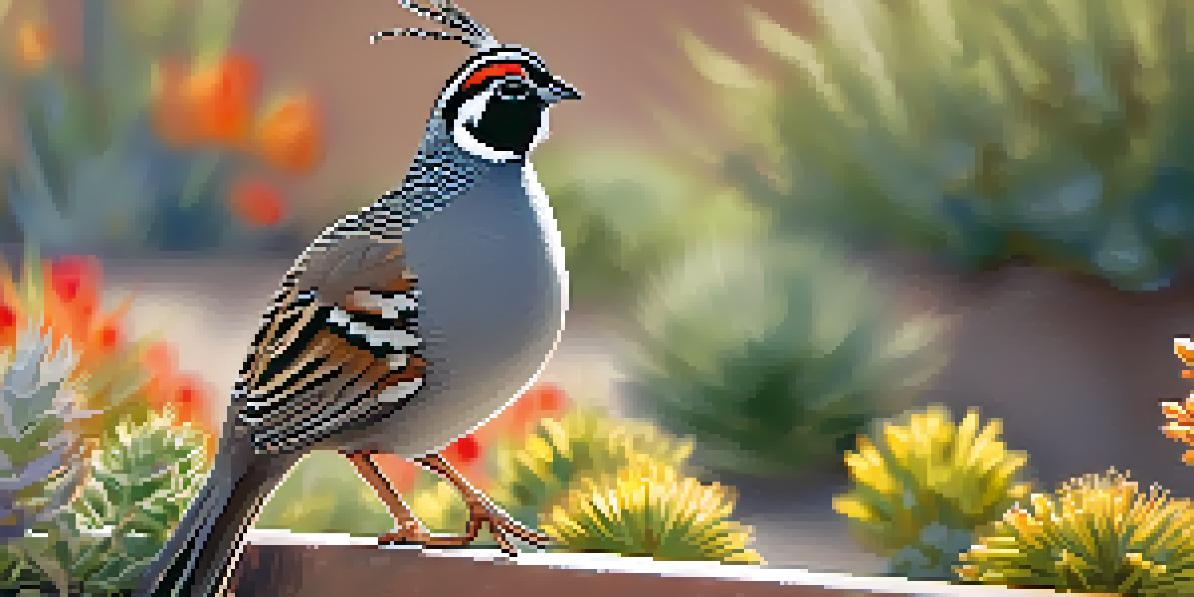 A Gambel's quail foraging in a colorful garden, surrounded by native plants and a bright blue sky.