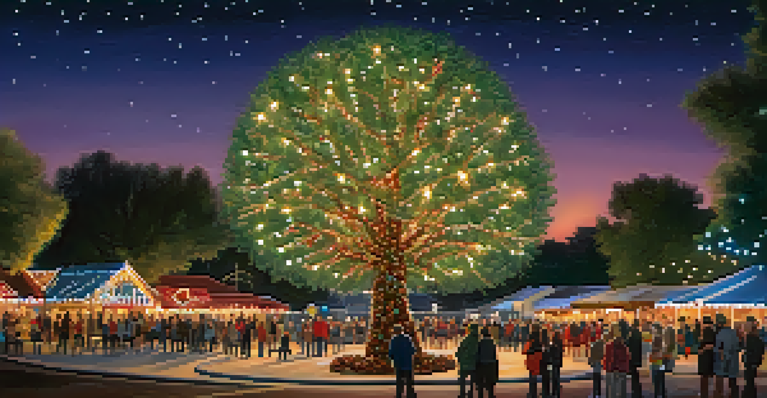 Chandler's Tumbleweed Tree illuminated with twinkling lights, surrounded by families celebrating in a lively park.