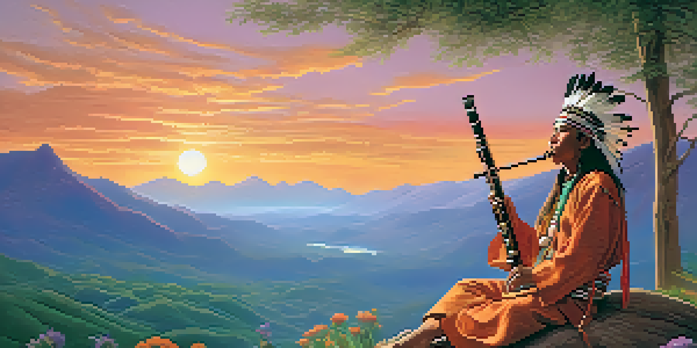A Native American musician playing a wooden flute in a sunset landscape, surrounded by wildflowers and a lush valley.