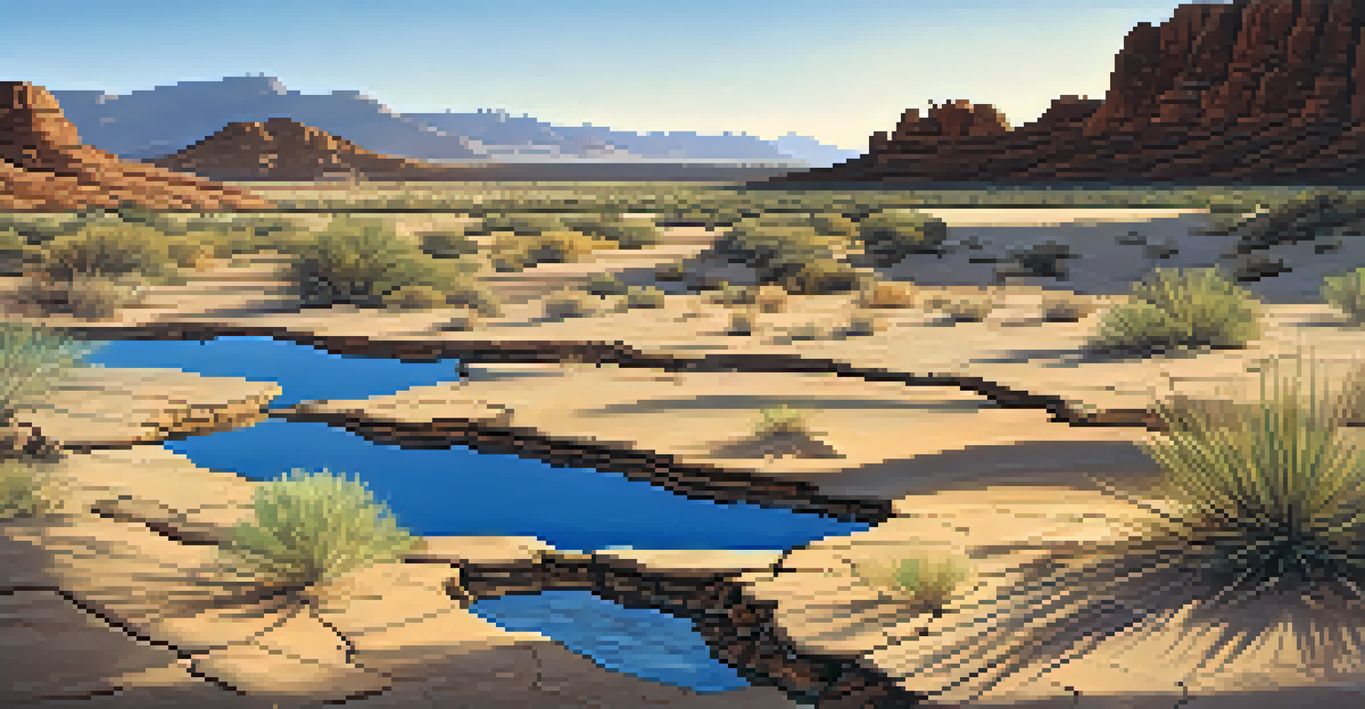 Close-up of cracked desert earth in Arizona with a shallow water source, showcasing dry textures and distant mountains.