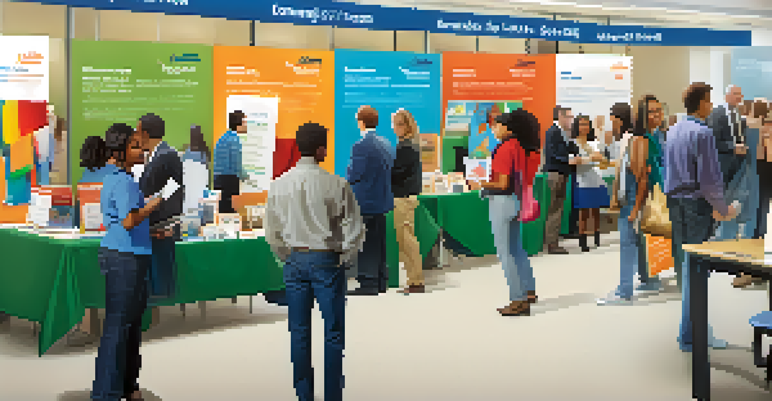 A busy job fair at a community college with students interacting with local employers and colorful display booths.