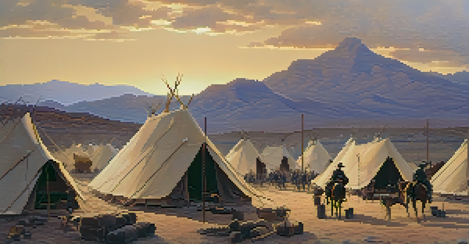 A Union cavalry camp in Arizona during the Civil War, showing soldiers and tents against a sunset backdrop.