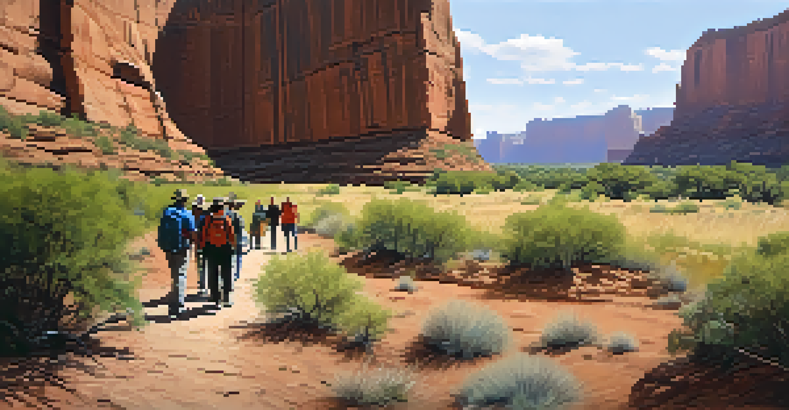 A Navajo guide leading visitors on a hiking trail in Canyon de Chelly with towering cliffs and lush vegetation.