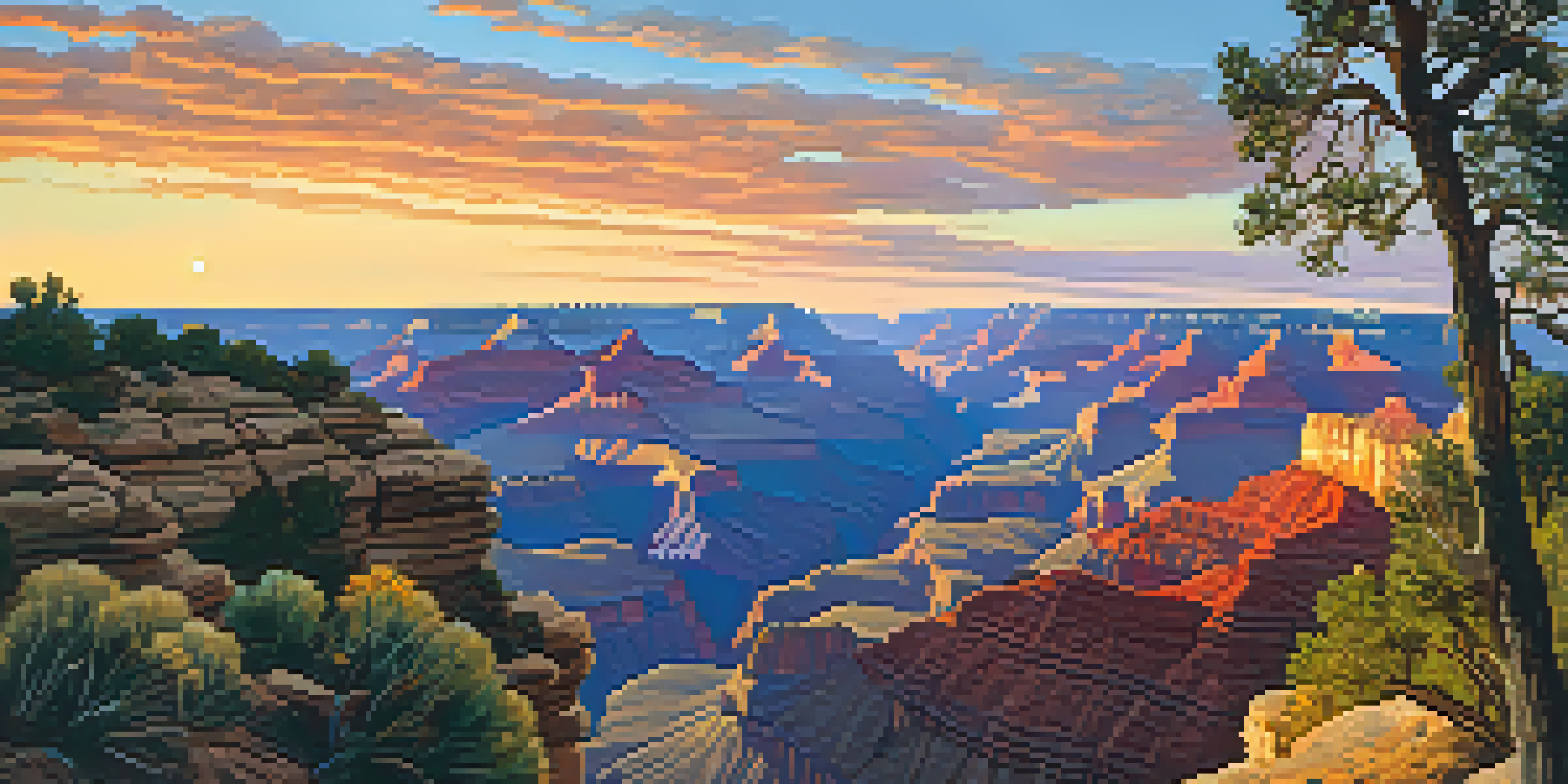 A silhouette of a lone traveler standing at the edge of the Grand Canyon at sunset, surrounded by vibrant sky colors and desert plants.