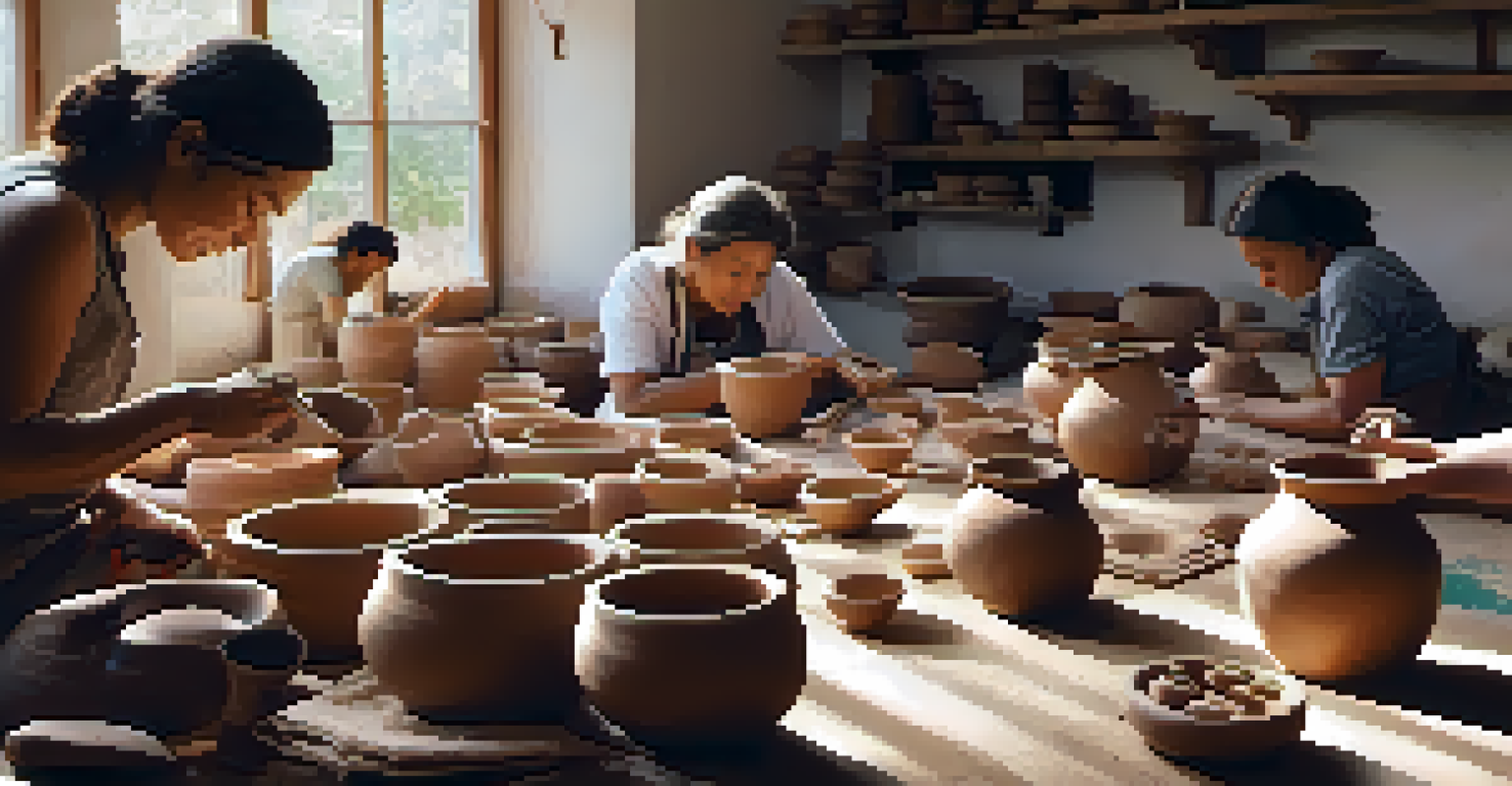 A community workshop for pottery making with artisans and participants working together, surrounded by clay and vibrant pottery pieces in a sunlit room.
