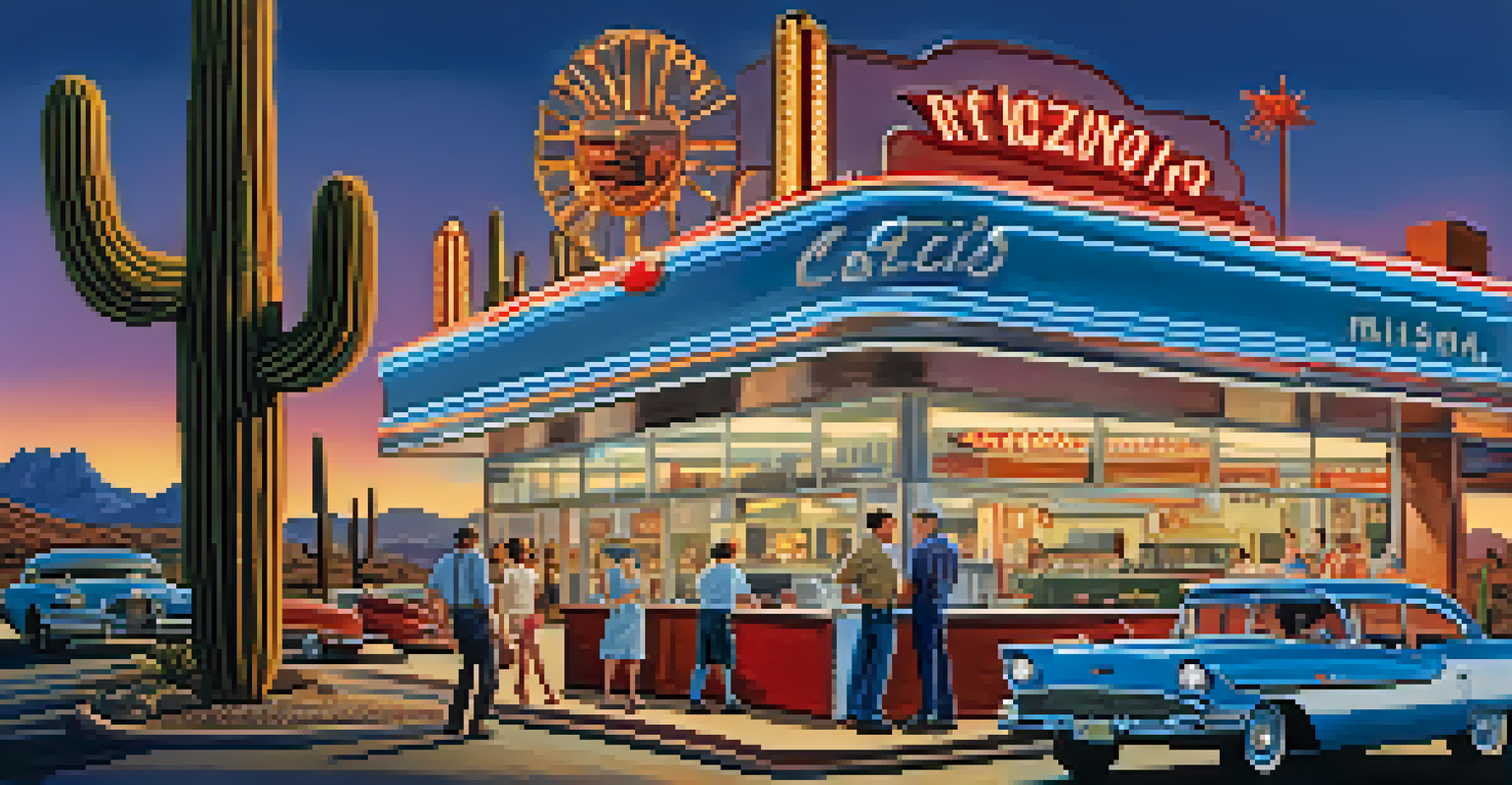 A vintage diner along an Arizona highway with classic cars and tourists, showcasing local culture against a backdrop of cacti and mountains.