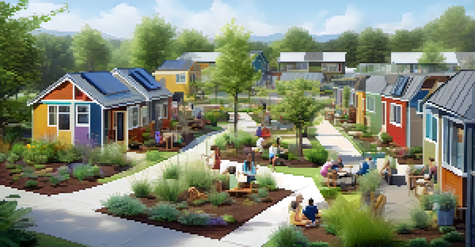 A picturesque co-housing community featuring colorful tiny homes surrounded by gardens and residents engaging in outdoor activities.