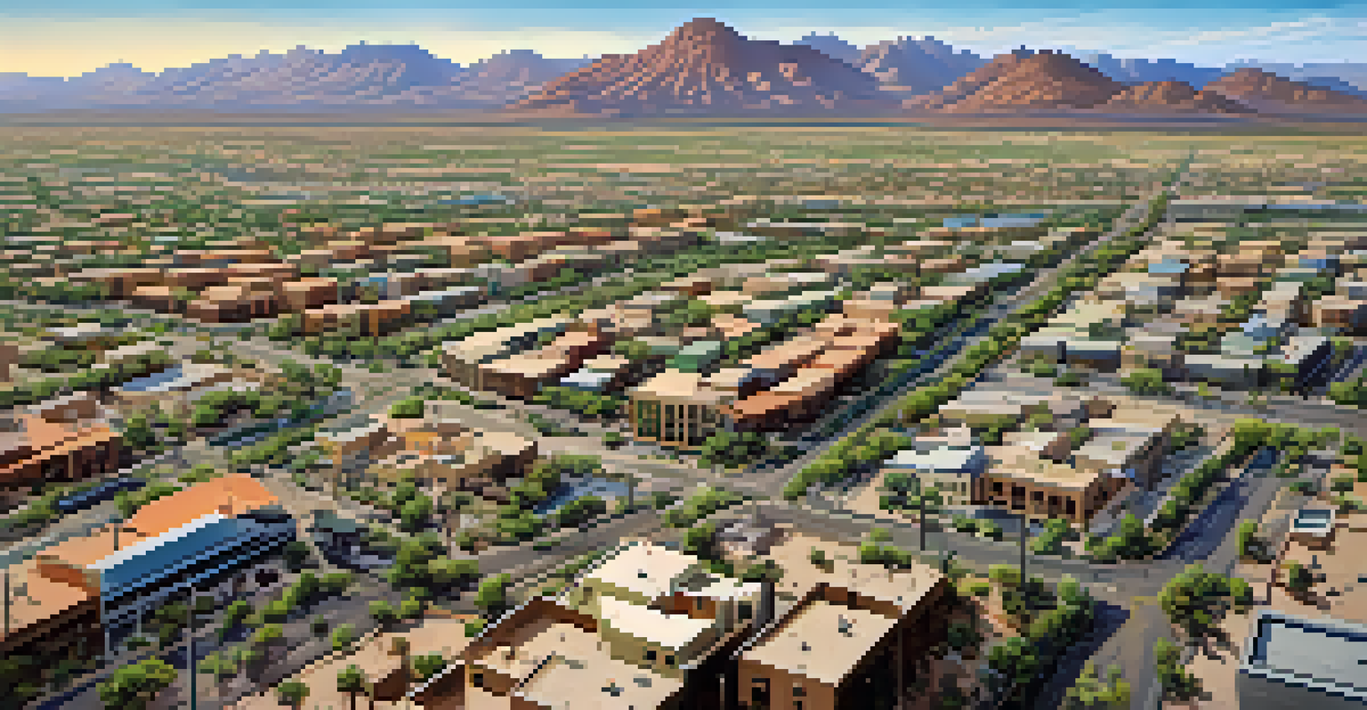 An aerial view of an urban area in Arizona, contrasting concrete buildings with desert landscapes and highlighting wildlife corridors.