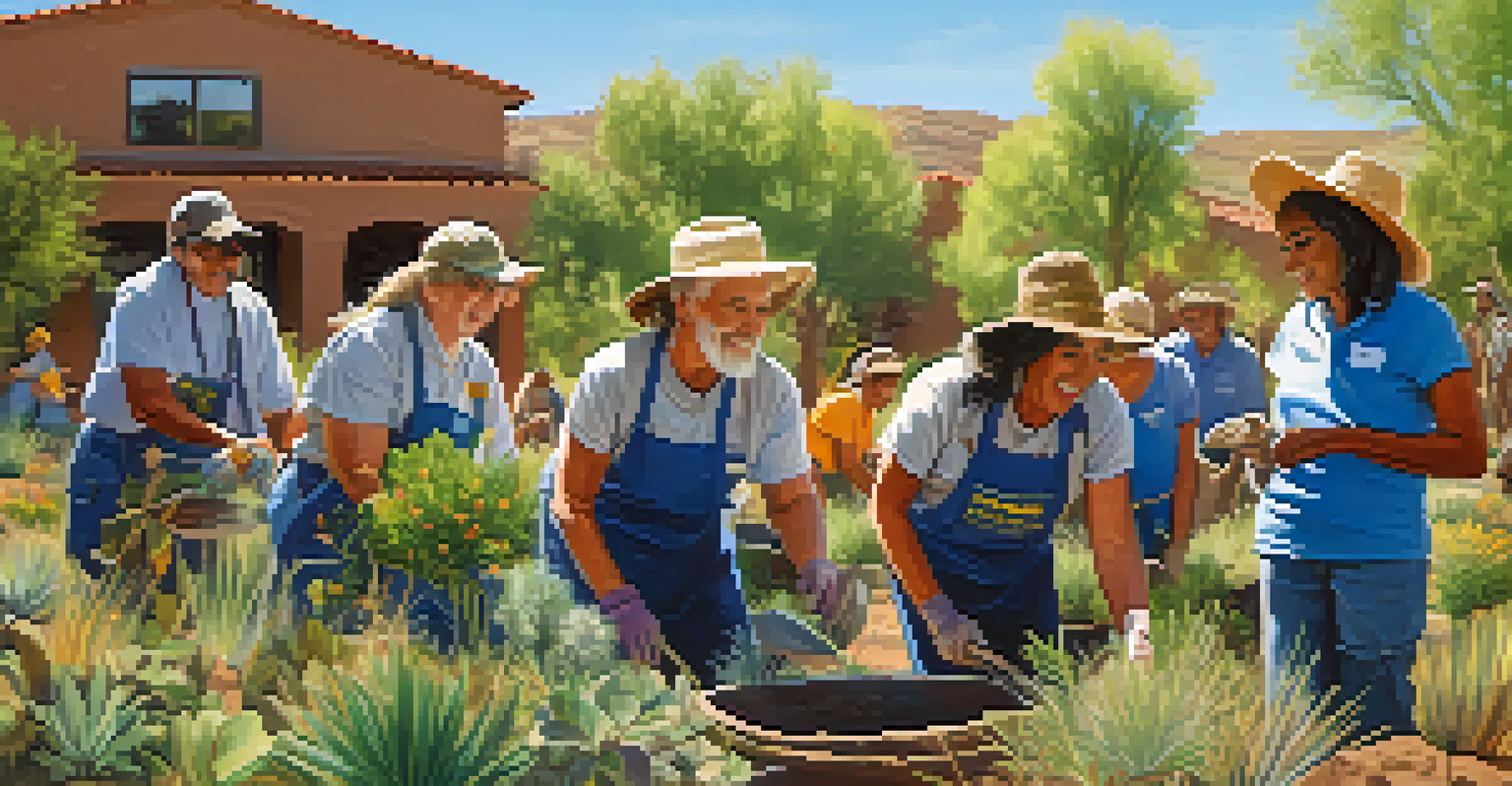 A diverse group of volunteers planting native plants in a community conservation event in Arizona.