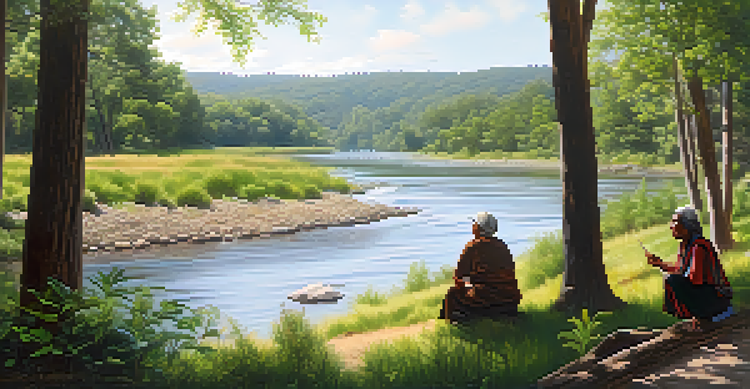 An Indigenous elder teaching younger members by a riverbank, highlighting the connection to nature and biodiversity.