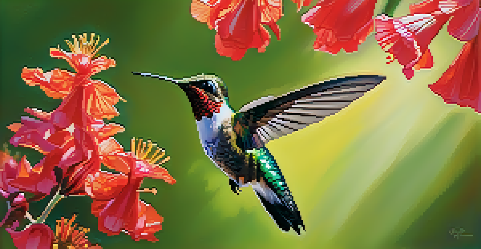 A close-up of a hummingbird hovering near a bright red flower in the Hummingbird Garden, showcasing the bird's colorful feathers and the vibrant petals illuminated by soft sunlight.