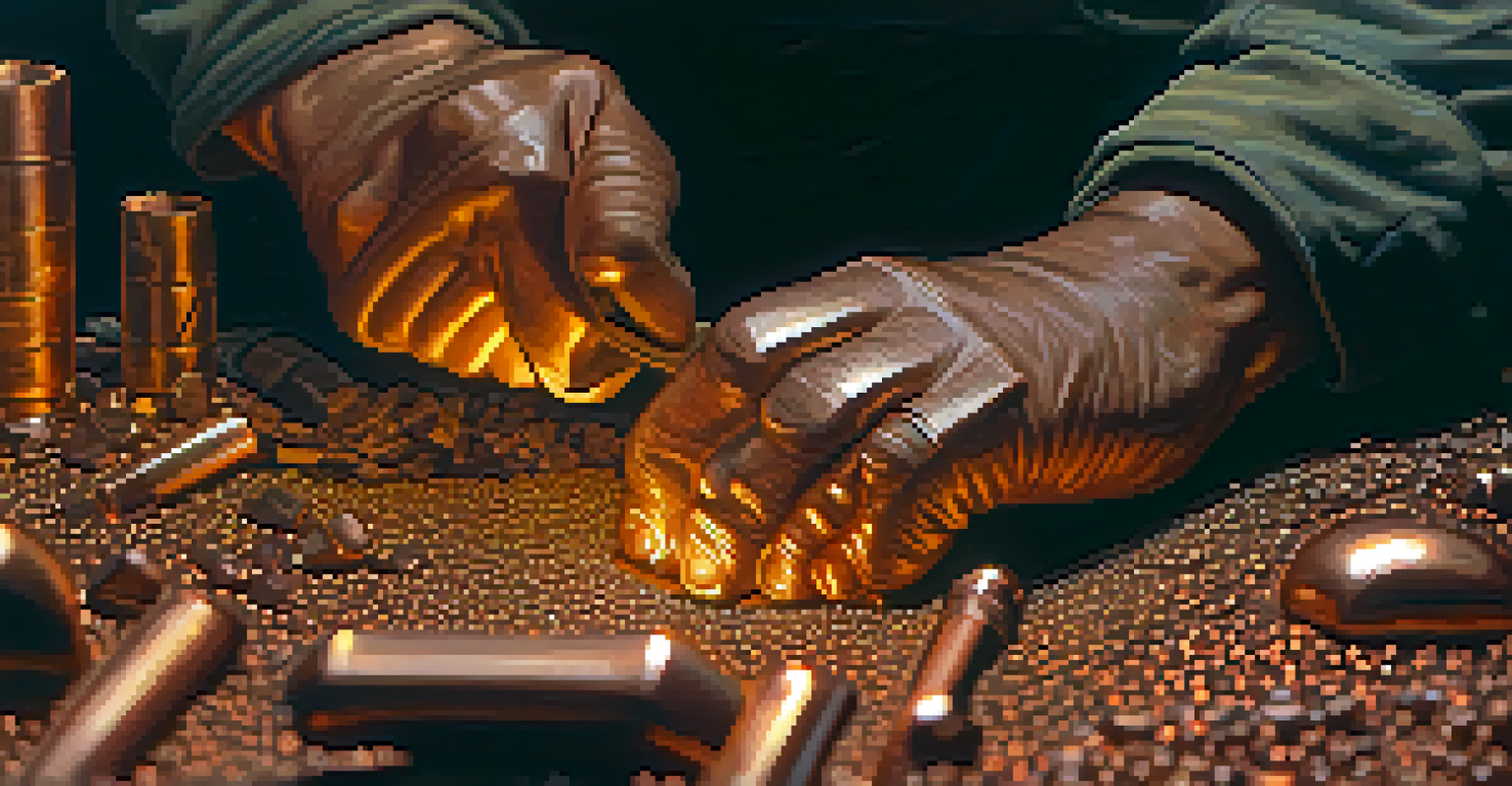 Close-up of a miner's hands inspecting raw copper ore in a mining facility.