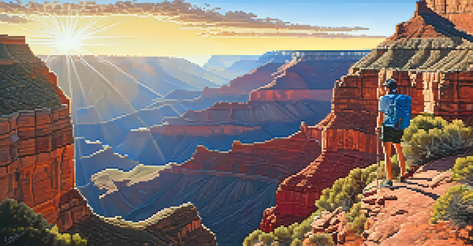 A hiker on the South Kaibab Trail with a red backpack, capturing the vast landscape of the Grand Canyon in the background.
