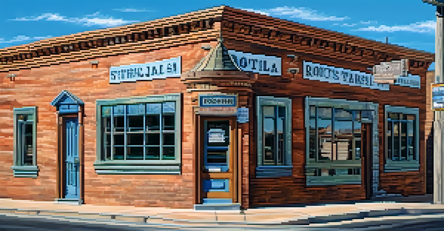 The historic Route 66 Jail in Williams, Arizona, featuring charming architecture and vintage wooden doors against a clear blue sky.