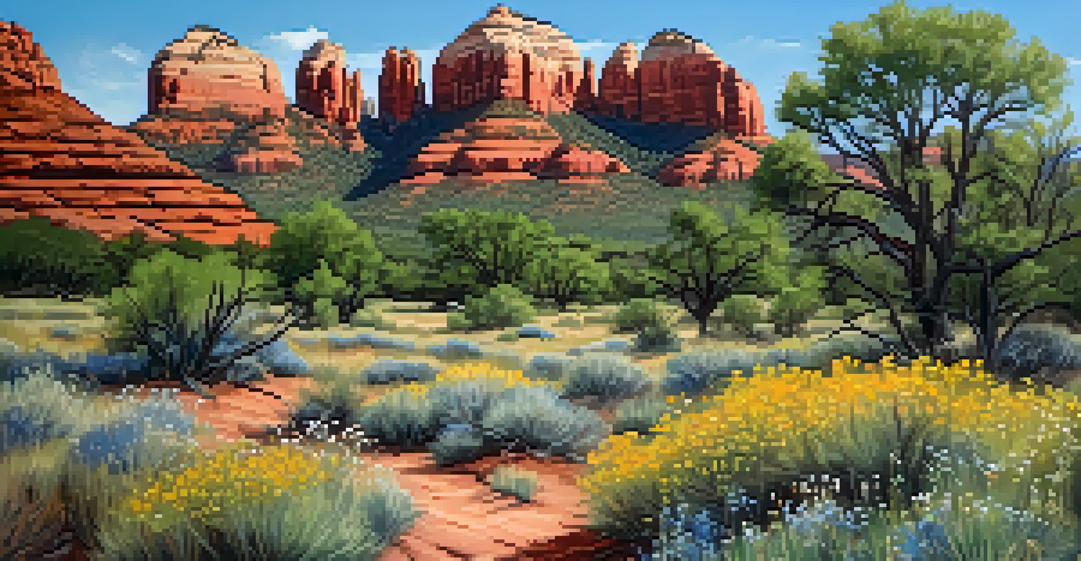 A tranquil hiking trail in Sedona with red rock formations and wildflowers.