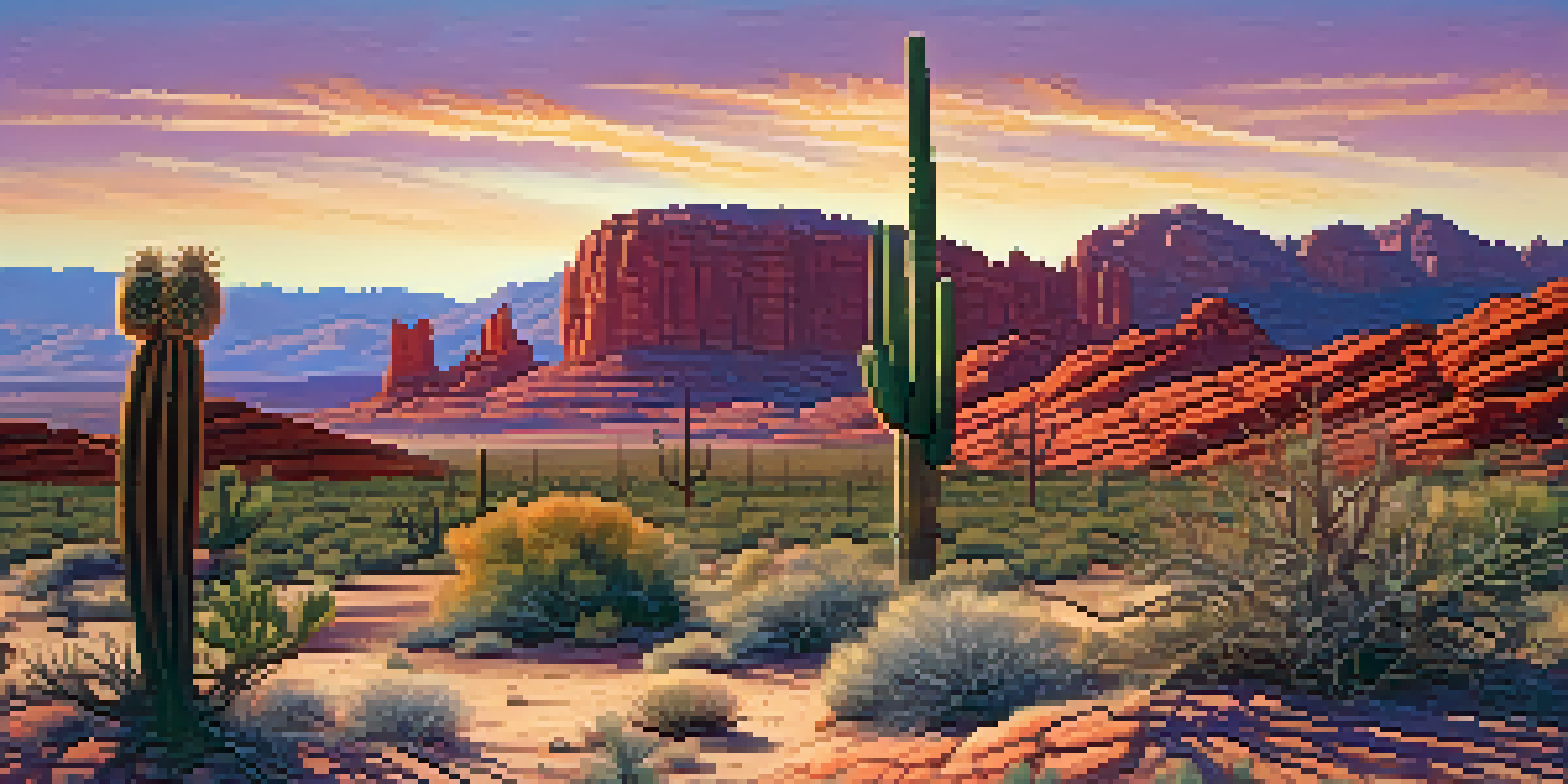 A colorful sunset over red rock formations with a saguaro cactus in the foreground.