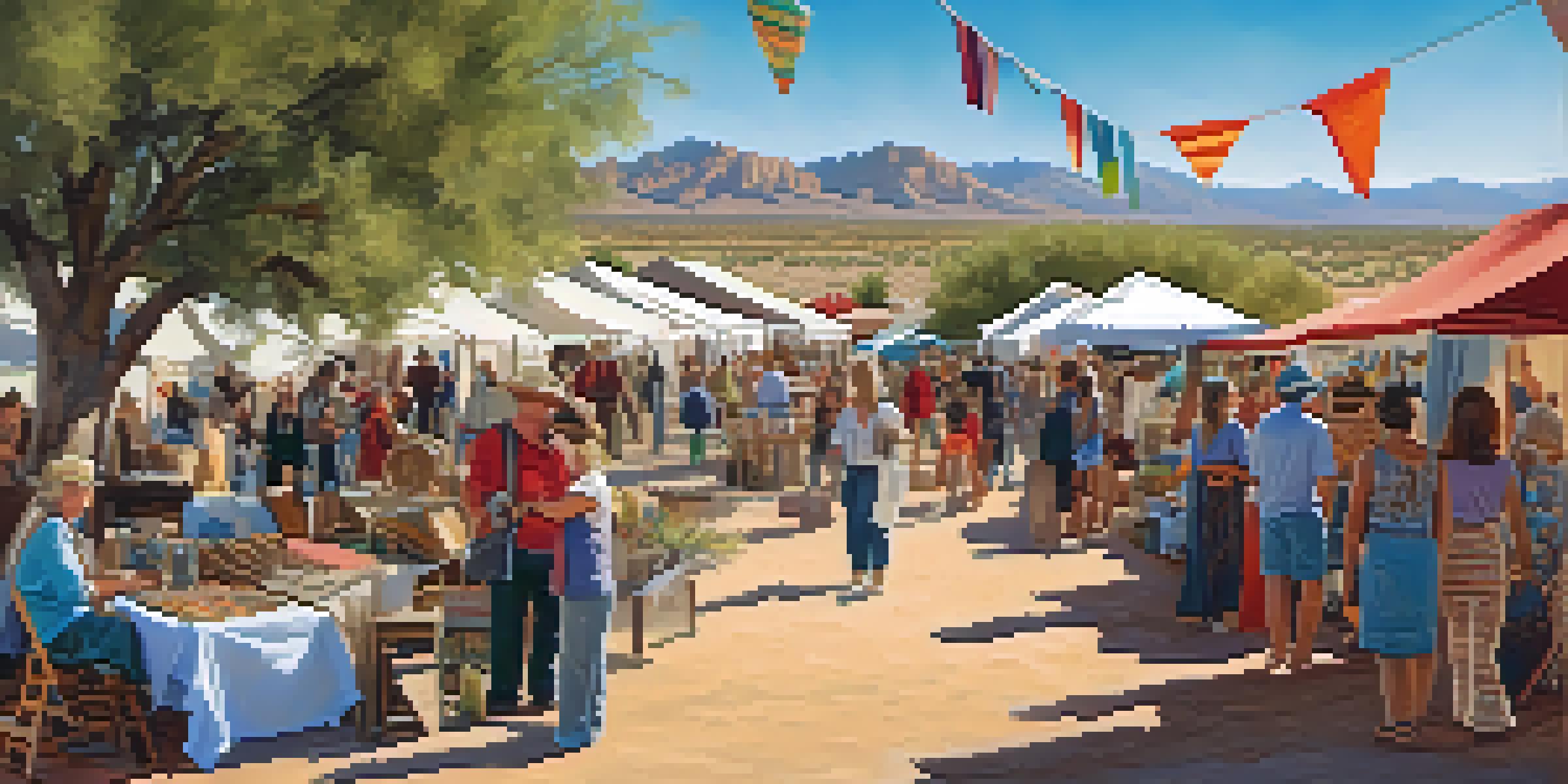 A sunny outdoor craft fair in Arizona with artisans displaying handmade goods and visitors exploring colorful booths.