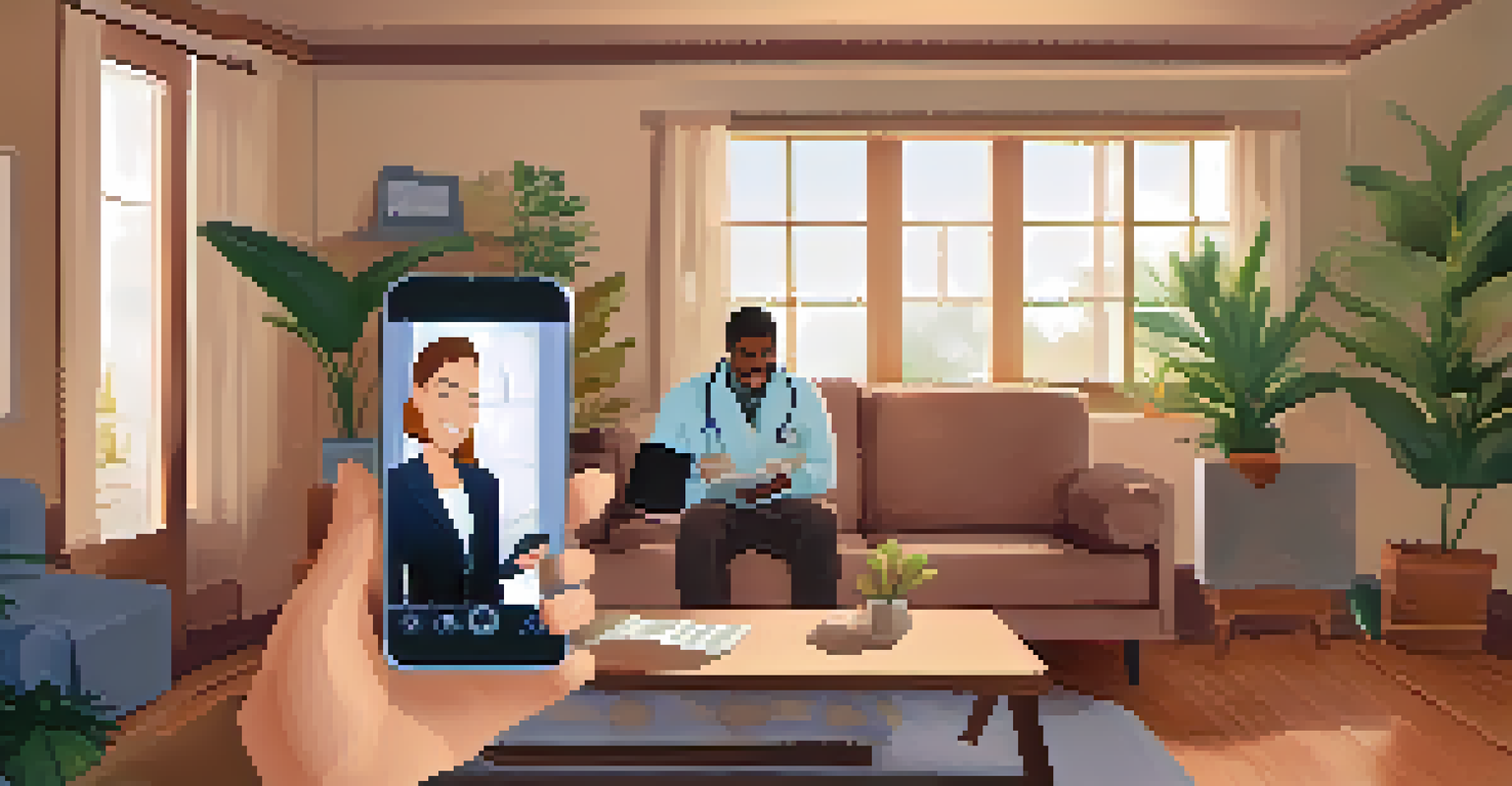 A person using a smartphone for a telehealth consultation in a warmly lit living room.