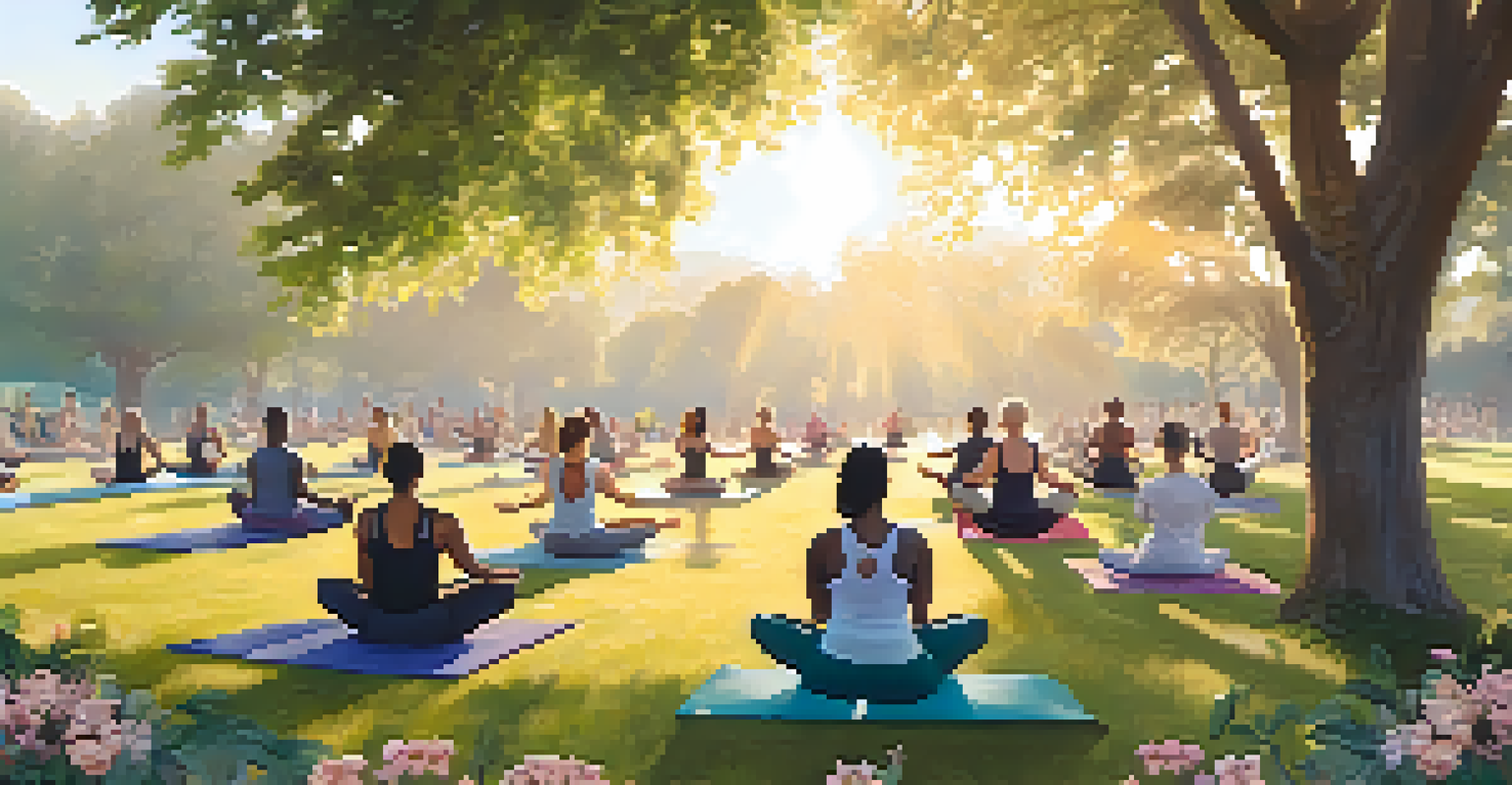 A diverse group of people practicing yoga outdoors in a sunny park, promoting community health.