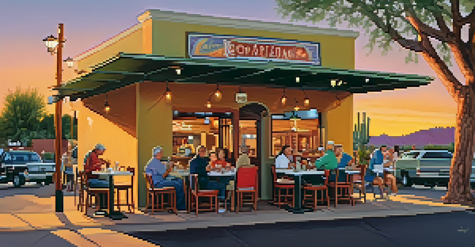 A family-owned restaurant in Tucson with outdoor seating, local art, and families enjoying traditional Arizona cuisine.