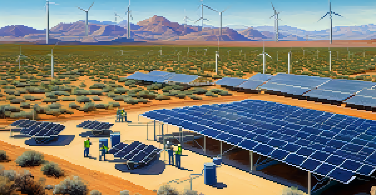 A renewable energy plant in Arizona with solar panels and wind turbines, showcasing workers inspecting the site.