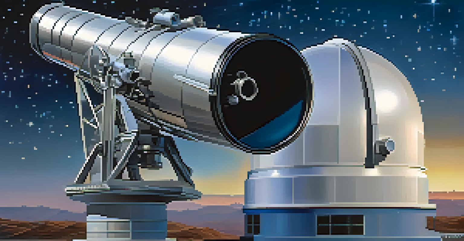 Close-up of a modern telescope with adaptive optics against a starry night sky background.